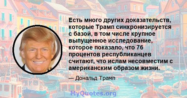 Есть много других доказательств, которые Трамп синхронизируется с базой, в том числе крупное выпущенное исследование, которое показало, что 76 процентов республиканцев считают, что ислам несовместим с американским