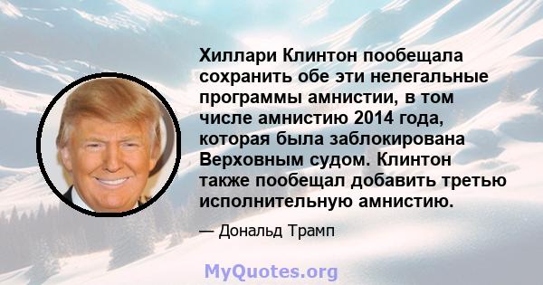 Хиллари Клинтон пообещала сохранить обе эти нелегальные программы амнистии, в том числе амнистию 2014 года, которая была заблокирована Верховным судом. Клинтон также пообещал добавить третью исполнительную амнистию.