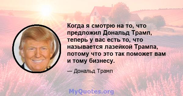 Когда я смотрю на то, что предложил Дональд Трамп, теперь у вас есть то, что называется лазейкой Трампа, потому что это так поможет вам и тому бизнесу.