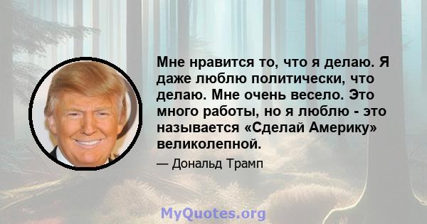 Мне нравится то, что я делаю. Я даже люблю политически, что делаю. Мне очень весело. Это много работы, но я люблю - это называется «Сделай Америку» великолепной.