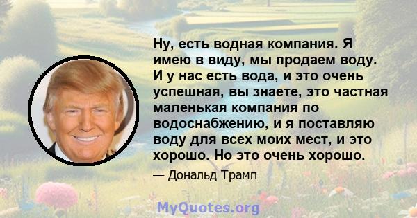 Ну, есть водная компания. Я имею в виду, мы продаем воду. И у нас есть вода, и это очень успешная, вы знаете, это частная маленькая компания по водоснабжению, и я поставляю воду для всех моих мест, и это хорошо. Но это