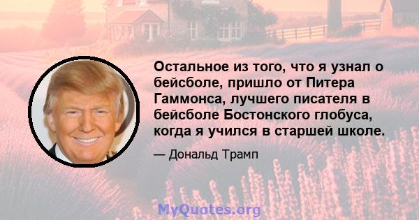 Остальное из того, что я узнал о бейсболе, пришло от Питера Гаммонса, лучшего писателя в бейсболе Бостонского глобуса, когда я учился в старшей школе.