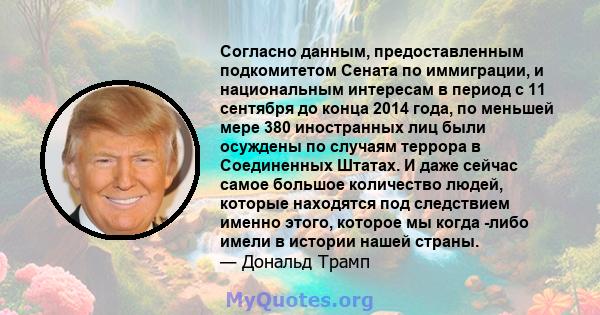 Согласно данным, предоставленным подкомитетом Сената по иммиграции, и национальным интересам в период с 11 сентября до конца 2014 года, по меньшей мере 380 иностранных лиц были осуждены по случаям террора в Соединенных