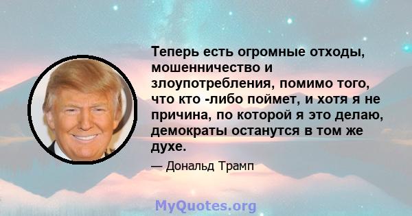 Теперь есть огромные отходы, мошенничество и злоупотребления, помимо того, что кто -либо поймет, и хотя я не причина, по которой я это делаю, демократы останутся в том же духе.