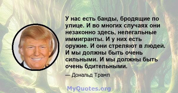 У нас есть банды, бродящие по улице. И во многих случаях они незаконно здесь, нелегальные иммигранты. И у них есть оружие. И они стреляют в людей. И мы должны быть очень сильными. И мы должны быть очень бдительными.