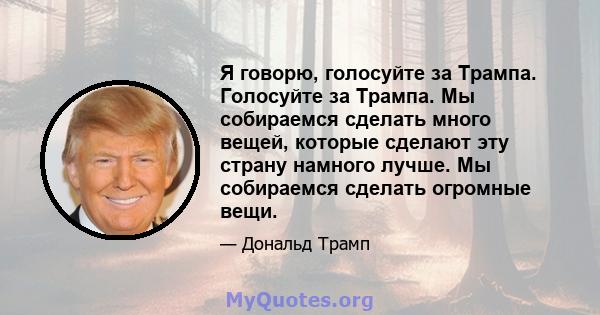 Я говорю, голосуйте за Трампа. Голосуйте за Трампа. Мы собираемся сделать много вещей, которые сделают эту страну намного лучше. Мы собираемся сделать огромные вещи.