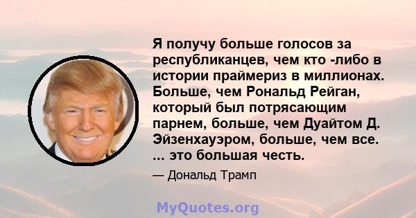 Я получу больше голосов за республиканцев, чем кто -либо в истории праймериз в миллионах. Больше, чем Рональд Рейган, который был потрясающим парнем, больше, чем Дуайтом Д. Эйзенхауэром, больше, чем все. ... это большая 