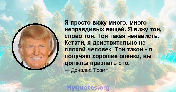 Я просто вижу много, много неправдивых вещей. Я вижу тон, слово тон. Тон такая ненависть. Кстати, я действительно не плохой человек. Тон такой - я получаю хорошие оценки, вы должны признать это.