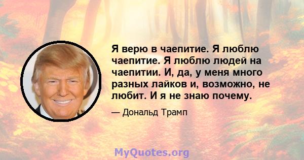 Я верю в чаепитие. Я люблю чаепитие. Я люблю людей на чаепитии. И, да, у меня много разных лайков и, возможно, не любит. И я не знаю почему.