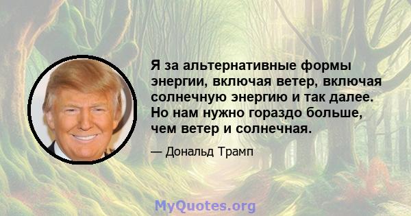 Я за альтернативные формы энергии, включая ветер, включая солнечную энергию и так далее. Но нам нужно гораздо больше, чем ветер и солнечная.