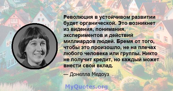 Революция в устойчивом развитии будет органической. Это возникнет из видения, понимания, экспериментов и действий миллиардов людей. Бремя от того, чтобы это произошло, не на плечах любого человека или группы. Никто не