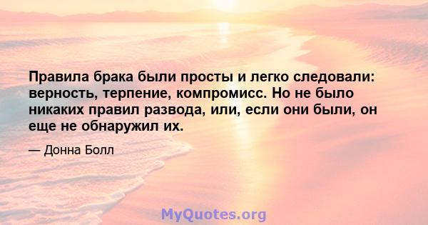 Правила брака были просты и легко следовали: верность, терпение, компромисс. Но не было никаких правил развода, или, если они были, он еще не обнаружил их.