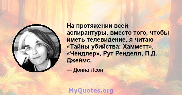 На протяжении всей аспирантуры, вместо того, чтобы иметь телевидение, я читаю «Тайны убийства: Хамметт», «Чендлер», Рут Ренделл, П.Д. Джеймс.