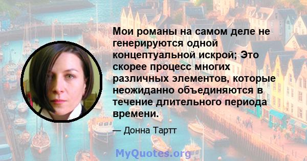 Мои романы на самом деле не генерируются одной концептуальной искрой; Это скорее процесс многих различных элементов, которые неожиданно объединяются в течение длительного периода времени.