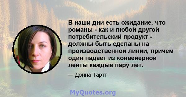 В наши дни есть ожидание, что романы - как и любой другой потребительский продукт - должны быть сделаны на производственной линии, причем один падает из конвейерной ленты каждые пару лет.