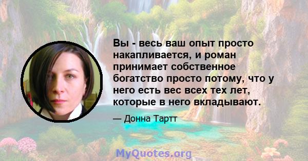 Вы - весь ваш опыт просто накапливается, и роман принимает собственное богатство просто потому, что у него есть вес всех тех лет, которые в него вкладывают.