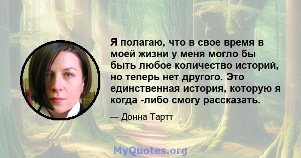 Я полагаю, что в свое время в моей жизни у меня могло бы быть любое количество историй, но теперь нет другого. Это единственная история, которую я когда -либо смогу рассказать.