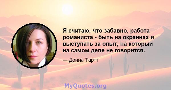 Я считаю, что забавно, работа романиста - быть на окраинах и выступать за опыт, на который на самом деле не говорится.