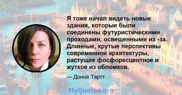 Я тоже начал видеть новые здания, которые были соединены футуристическими проходами, освещенными из -за. Длинные, крутые перспективы современной архитектуры, растущее фосфоресцентное и жуткое из обломков.