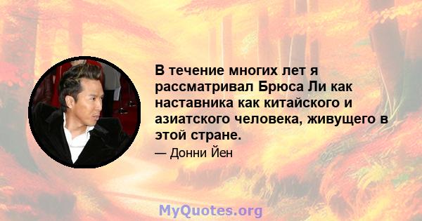 В течение многих лет я рассматривал Брюса Ли как наставника как китайского и азиатского человека, живущего в этой стране.