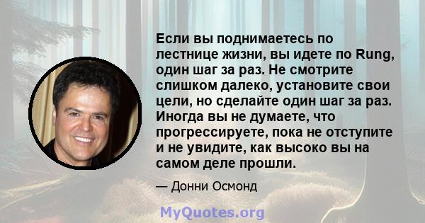 Если вы поднимаетесь по лестнице жизни, вы идете по Rung, один шаг за раз. Не смотрите слишком далеко, установите свои цели, но сделайте один шаг за раз. Иногда вы не думаете, что прогрессируете, пока не отступите и не