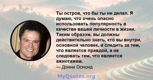 Ты остров, что бы ты ни делал. Я думаю, что очень опасно использовать популярность в качестве вашей личности в жизни. Таким образом, вы должны действительно знать, кто вы внутри, основной человек, и следить за тем, что