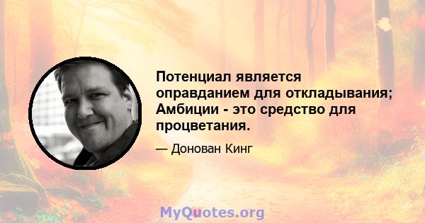 Потенциал является оправданием для откладывания; Амбиции - это средство для процветания.