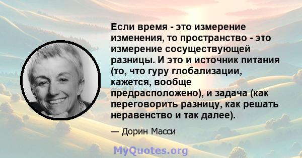 Если время - это измерение изменения, то пространство - это измерение сосуществующей разницы. И это и источник питания (то, что гуру глобализации, кажется, вообще предрасположено), и задача (как переговорить разницу,