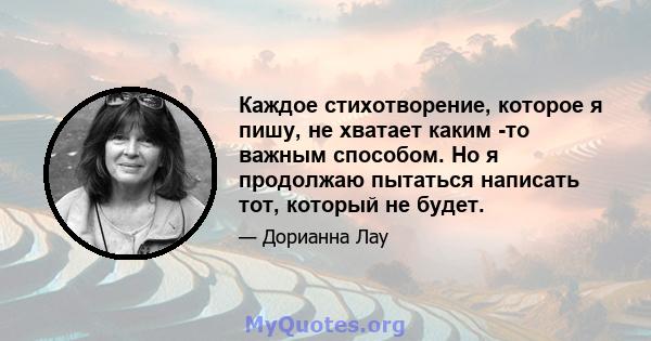 Каждое стихотворение, которое я пишу, не хватает каким -то важным способом. Но я продолжаю пытаться написать тот, который не будет.