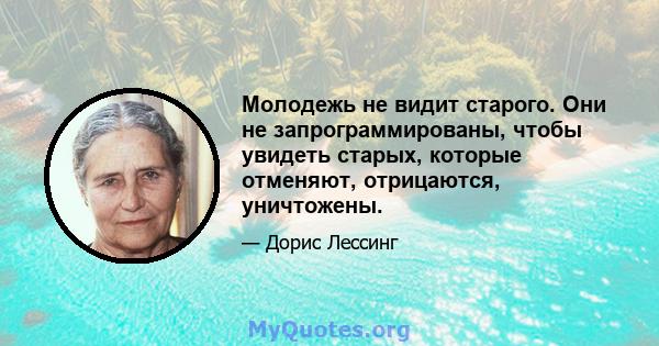 Молодежь не видит старого. Они не запрограммированы, чтобы увидеть старых, которые отменяют, отрицаются, уничтожены.