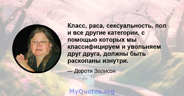 Класс, раса, сексуальность, пол и все другие категории, с помощью которых мы классифицируем и увольняем друг друга, должны быть раскопаны изнутри.