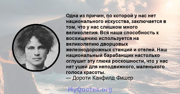 Одна из причин, по которой у нас нет национального искусства, заключается в том, что у нас слишком много великолепия. Вся наша способность к восхищению используется на великолепию дворцовых железнодорожных станций и