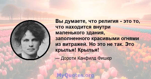 Вы думаете, что религия - это то, что находится внутри маленького здания, заполненного красивыми огнями из витражей. Но это не так. Это крылья! Крылья!