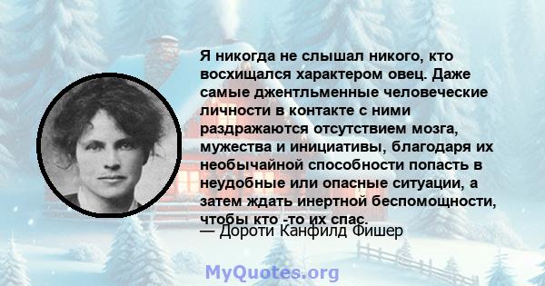 Я никогда не слышал никого, кто восхищался характером овец. Даже самые джентльменные человеческие личности в контакте с ними раздражаются отсутствием мозга, мужества и инициативы, благодаря их необычайной способности