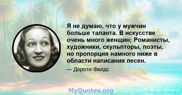 Я не думаю, что у мужчин больше таланта. В искусстве очень много женщин; Романисты, художники, скульпторы, поэты, но пропорция намного ниже в области написания песен.