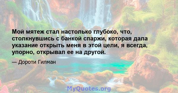 Мой мятеж стал настолько глубоко, что, столкнувшись с банкой спаржи, которая дала указание открыть меня в этой цели, я всегда, упорно, открывал ее на другой.