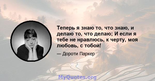 Теперь я знаю то, что знаю, и делаю то, что делаю; И если я тебе не нравлюсь, к черту, моя любовь, с тобой!