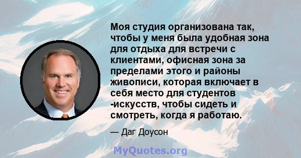 Моя студия организована так, чтобы у меня была удобная зона для отдыха для встречи с клиентами, офисная зона за пределами этого и районы живописи, которая включает в себя место для студентов -искусств, чтобы сидеть и