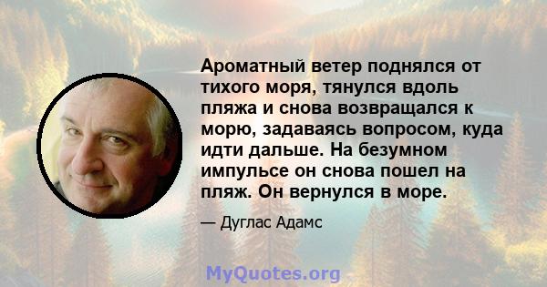 Ароматный ветер поднялся от тихого моря, тянулся вдоль пляжа и снова возвращался к морю, задаваясь вопросом, куда идти дальше. На безумном импульсе он снова пошел на пляж. Он вернулся в море.