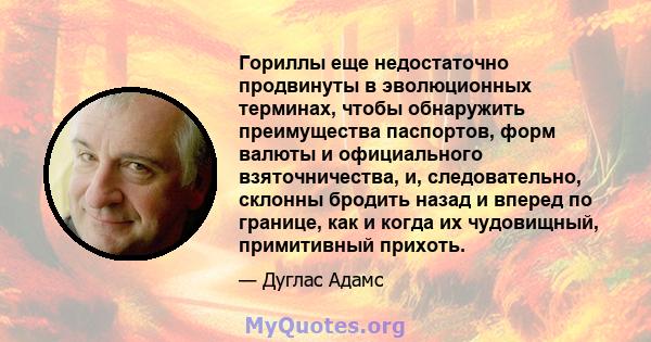 Гориллы еще недостаточно продвинуты в эволюционных терминах, чтобы обнаружить преимущества паспортов, форм валюты и официального взяточничества, и, следовательно, склонны бродить назад и вперед по границе, как и когда