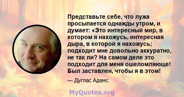 Представьте себе, что лужа просыпается однажды утром, и думает: «Это интересный мир, в котором я нахожусь, интересная дыра, в которой я нахожусь; подходит мне довольно аккуратно, не так ли? На самом деле это подходит