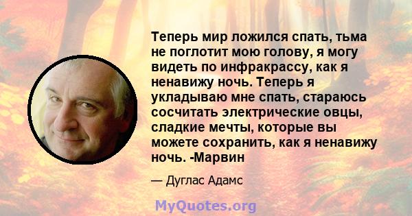 Теперь мир ложился спать, тьма не поглотит мою голову, я могу видеть по инфракрассу, как я ненавижу ночь. Теперь я укладываю мне спать, стараюсь сосчитать электрические овцы, сладкие мечты, которые вы можете сохранить,