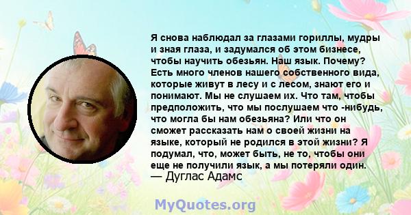 Я снова наблюдал за глазами гориллы, мудры и зная глаза, и задумался об этом бизнесе, чтобы научить обезьян. Наш язык. Почему? Есть много членов нашего собственного вида, которые живут в лесу и с лесом, знают его и