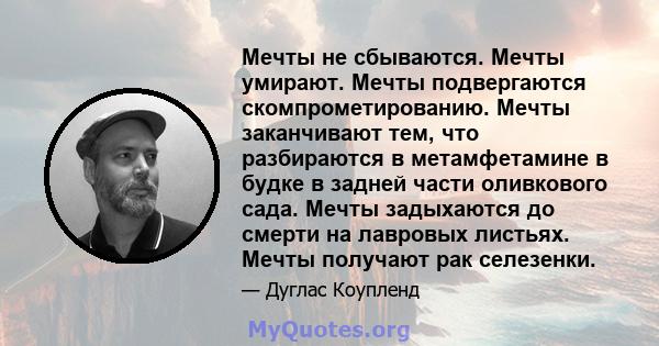 Мечты не сбываются. Мечты умирают. Мечты подвергаются скомпрометированию. Мечты заканчивают тем, что разбираются в метамфетамине в будке в задней части оливкового сада. Мечты задыхаются до смерти на лавровых листьях.