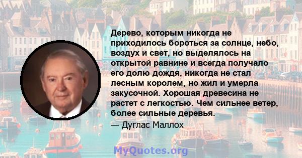 Дерево, которым никогда не приходилось бороться за солнце, небо, воздух и свет, но выделялось на открытой равнине и всегда получало его долю дождя, никогда не стал лесным королем, но жил и умерла закусочной. Хорошая