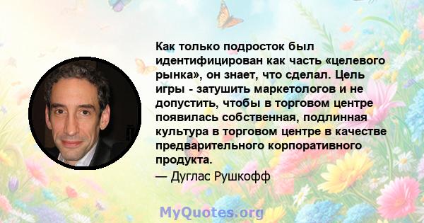 Как только подросток был идентифицирован как часть «целевого рынка», он знает, что сделал. Цель игры - затушить маркетологов и не допустить, чтобы в торговом центре появилась собственная, подлинная культура в торговом