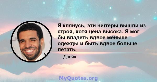 Я клянусь, эти ниггеры вышли из строя, хотя цена высока. Я мог бы владеть вдвое меньше одежды и быть вдвое больше летать.