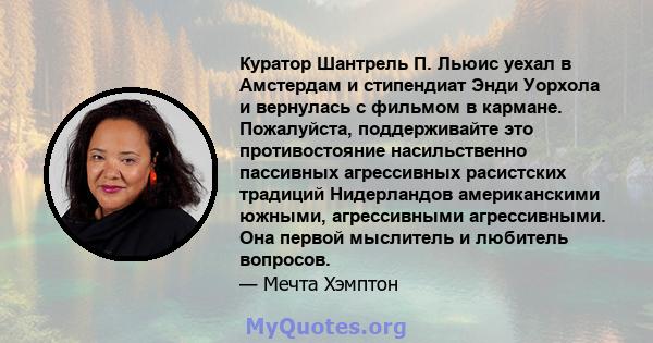 Куратор Шантрель П. Льюис уехал в Амстердам и стипендиат Энди Уорхола и вернулась с фильмом в кармане. Пожалуйста, поддерживайте это противостояние насильственно пассивных агрессивных расистских традиций Нидерландов