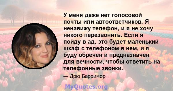 У меня даже нет голосовой почты или автоответчиков. Я ненавижу телефон, и я не хочу никого перезвонить. Если я пойду в ад, это будет маленький шкаф с телефоном в нем, и я буду обречен и предназначен для вечности, чтобы