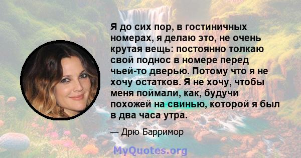 Я до сих пор, в гостиничных номерах, я делаю это, не очень крутая вещь: постоянно толкаю свой поднос в номере перед чьей-то дверью. Потому что я не хочу остатков. Я не хочу, чтобы меня поймали, как, будучи похожей на